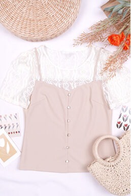 One Piece Hollow Lace Neckline Pearl Button Down Top (White + Beige)